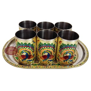 Royal Peacock Designed Serving Tray with Matching 6-Glasses Set- Stainless Steel G.M.